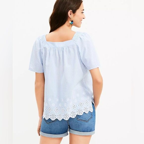 LOFT Blue/White Eyelet Seersucker Stripe Square Neck Top Sz MP NWOT - Picture 2 of 10